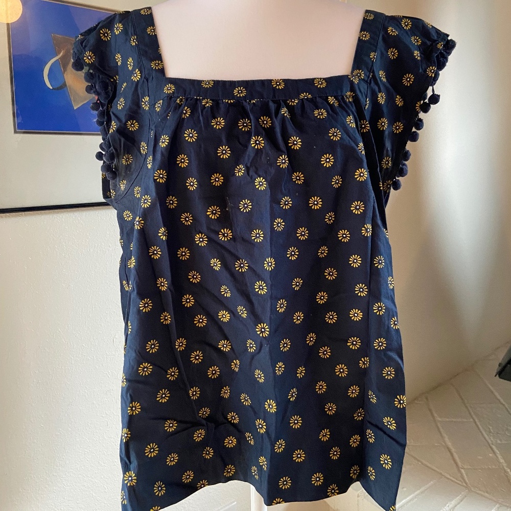 Navy J. Crew Tank Top With Pom Pom Sleeve Detail